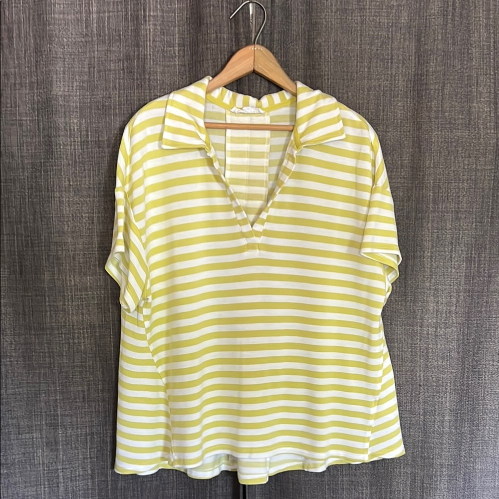Jane + delancey green and white boxy oversized vneck collared blouse size large